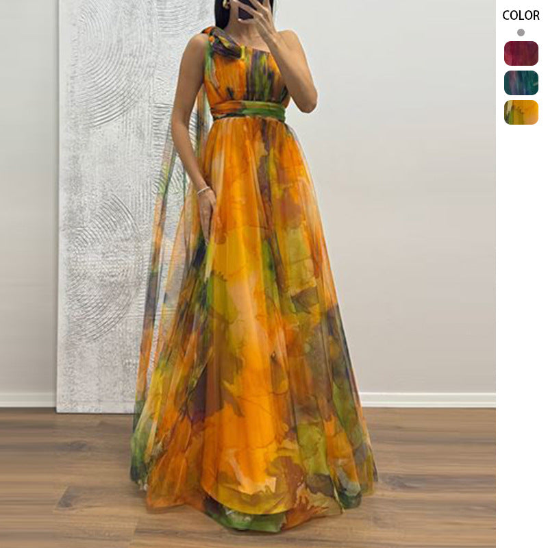 Women's Festive Maxi Dress with Sheer Chiffon Overlays and Delicate Ruffle Design