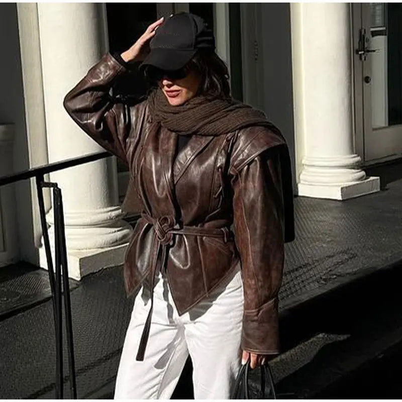 Feminine suede leather jacket with fitted cut and tie belt Lune London