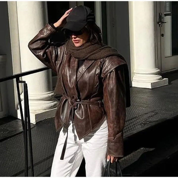 Feminine suede leather jacket with fitted cut and tie belt Lune London