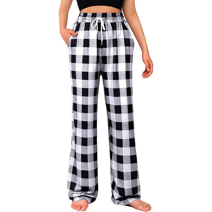 Ladies Comfortable Checkered Pants with Elastic Waist and Side Pockets Lune London