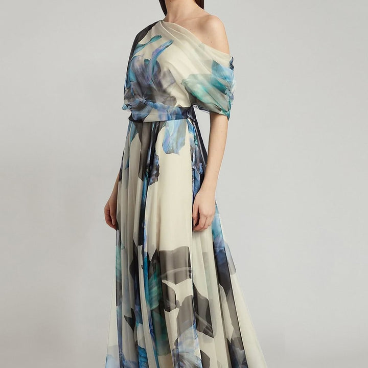 Women elegant chiffon dress with off-shoulder design and floral pattern Lune London