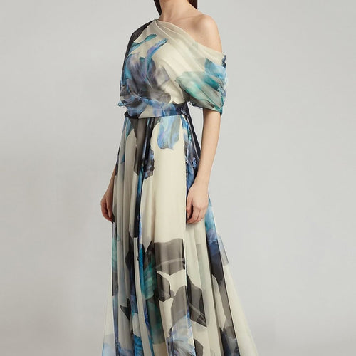 Women elegant chiffon dress with off-shoulder design and floral pattern Lune London
