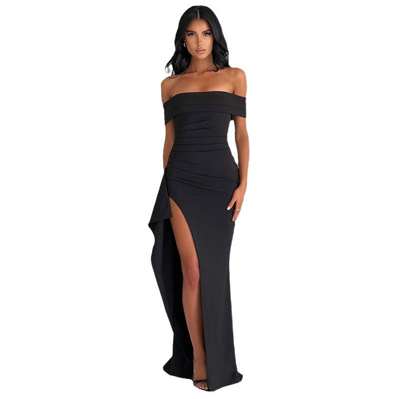Chic and elegant evening dress with off-shoulder neckline and slit for women Lune London
