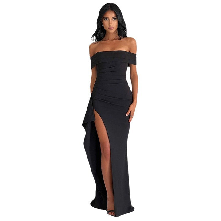 Chic and elegant evening dress with off-shoulder neckline and slit for women Lune London