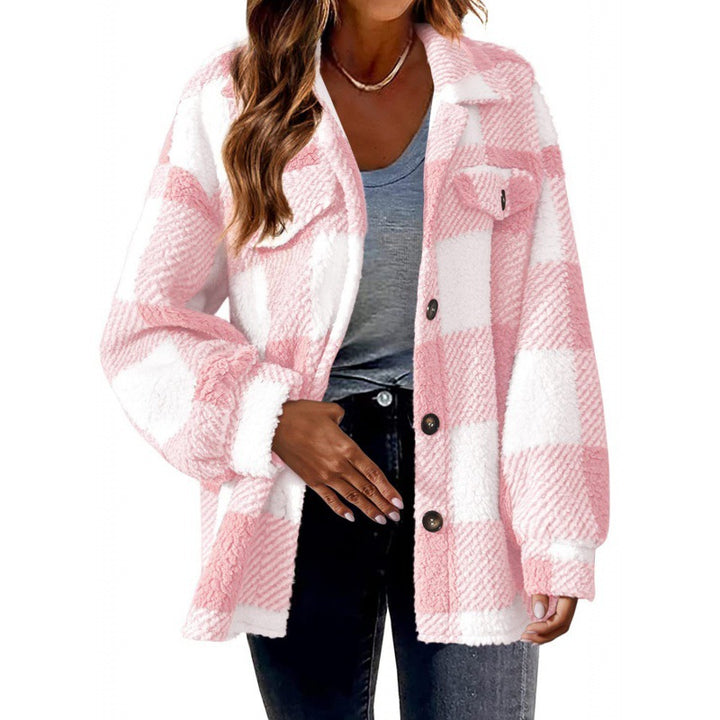 Ladies Plaid Plush Jacket with Snap Button Closure and Convenient Pockets Lune London