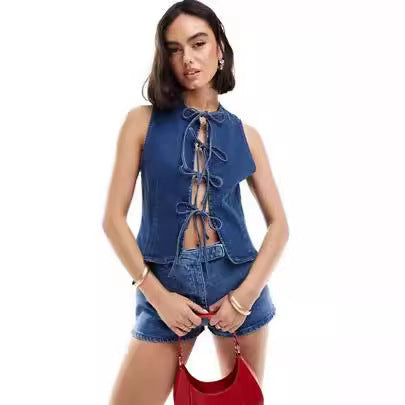 Women's Denim Bustier Top with Playful Lacing Detail Lune London