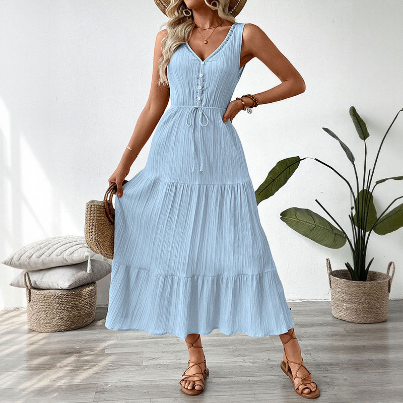 Women Adjustable Tied Belt Chic Layered Maxi Dress