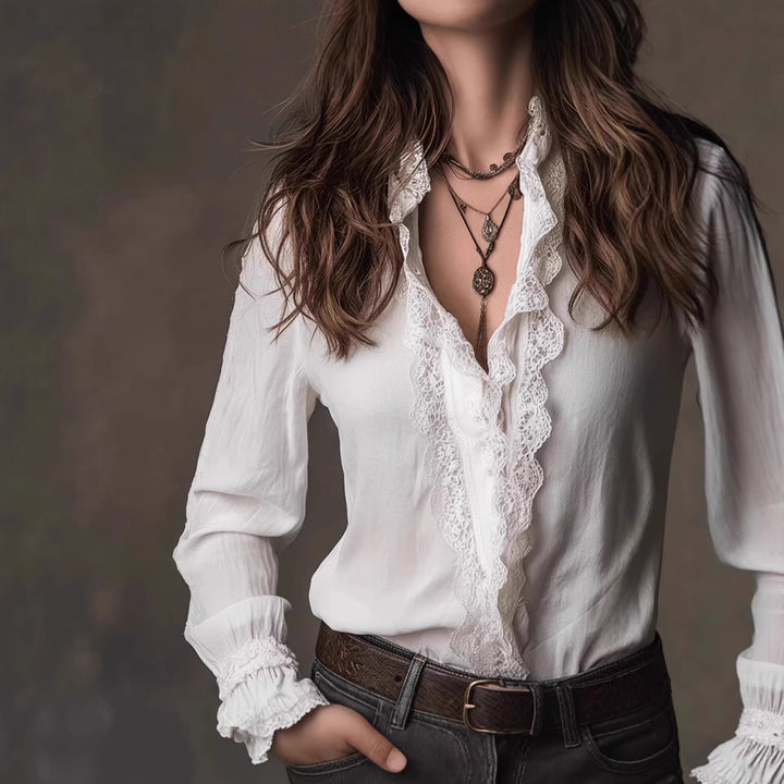 Ladies elegant blouse with ruffle details and lace trim Lune London