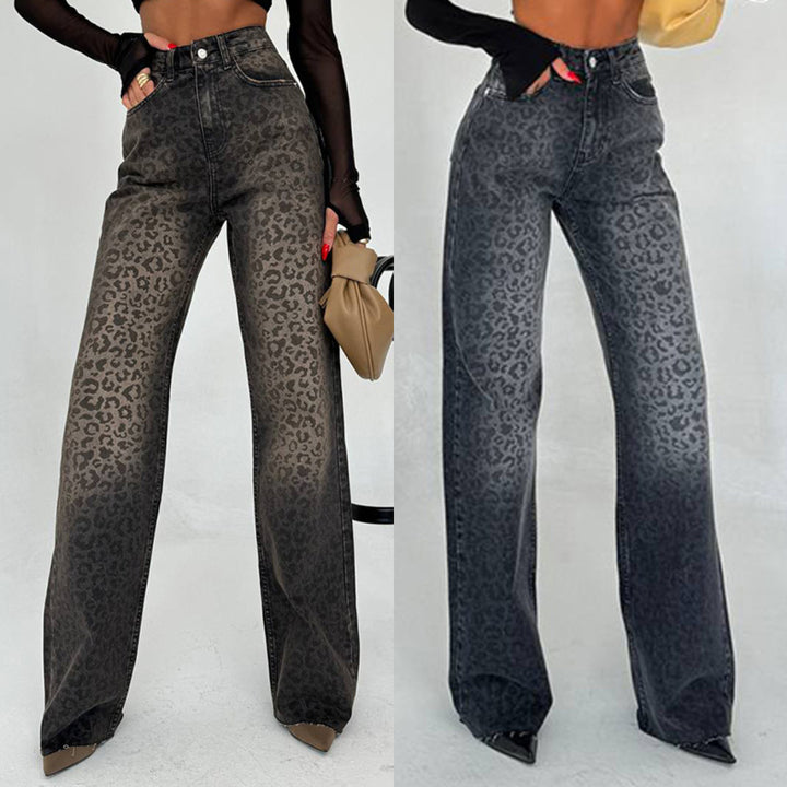 Women High Waist Jeans Trendy with Leopard Print Lune London