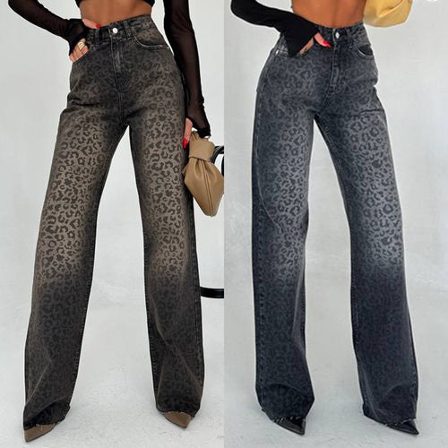 Women High Waist Jeans Trendy with Leopard Print Lune London