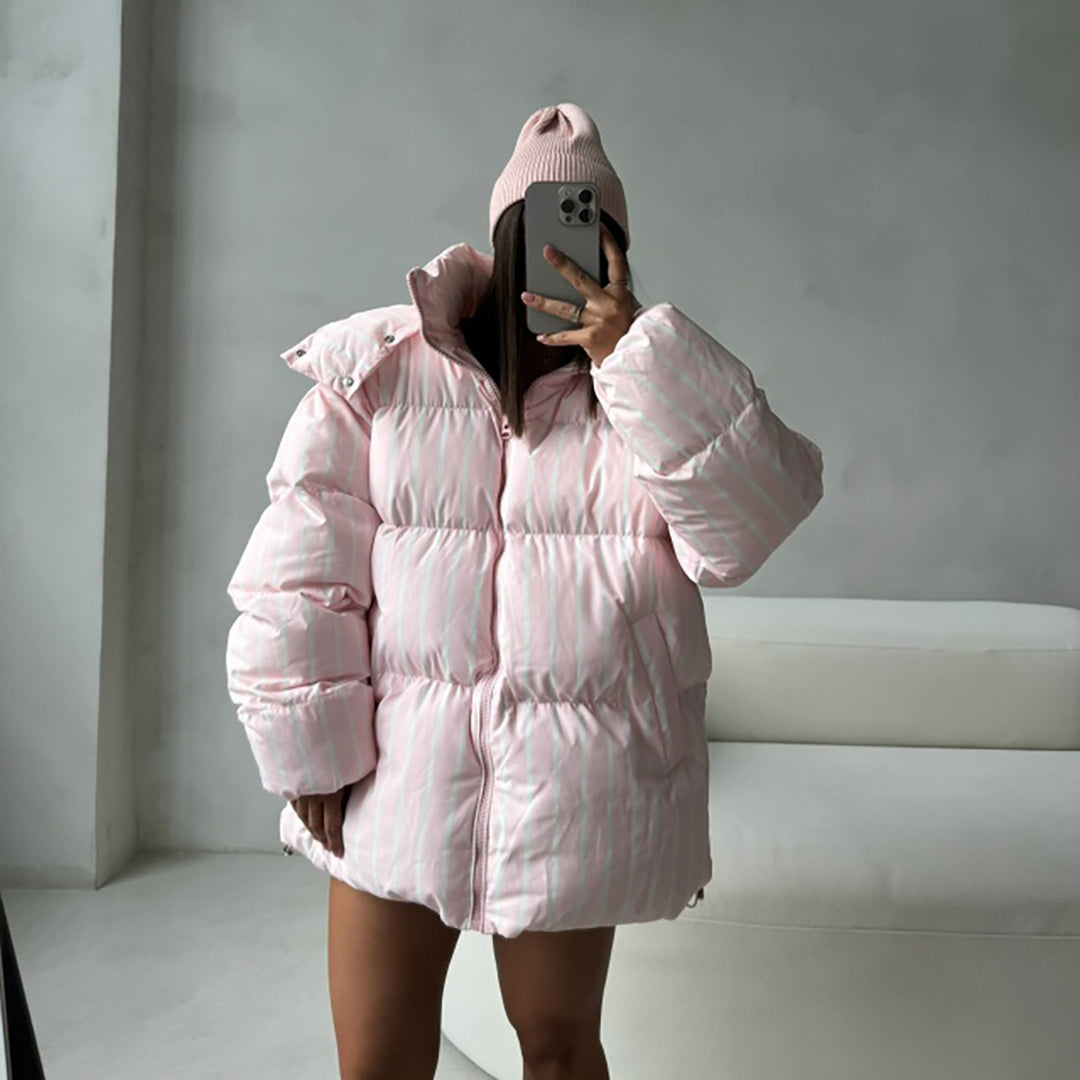 Striped down jacket for women with high collar and oversized cut Lune London