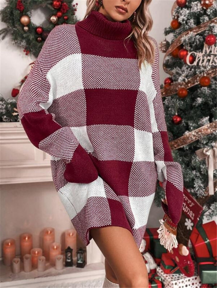 Women's knitted dress with high collar and checkered pattern Lune London