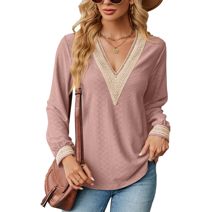 Long sleeve blouse shirt for women with decorative V-neck and crochet elements Lune London
