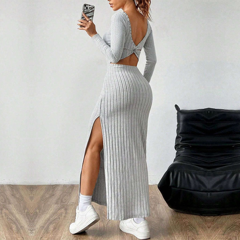Robe Maxi Femme avec Tricot Côtelé Élégant et Fente Chic Chic & Stil