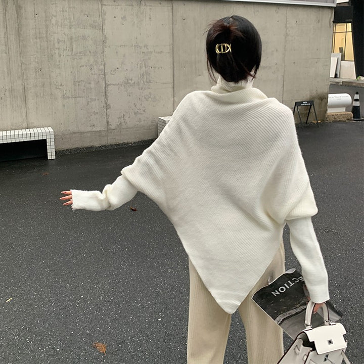 Knitted sweater for women with asymmetric cut and high collar Lune London