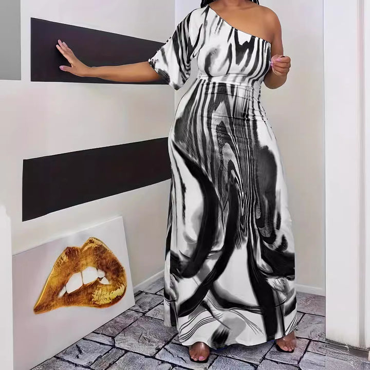 Maxi dress for women with asymmetrical cut and elegant pattern Lune London