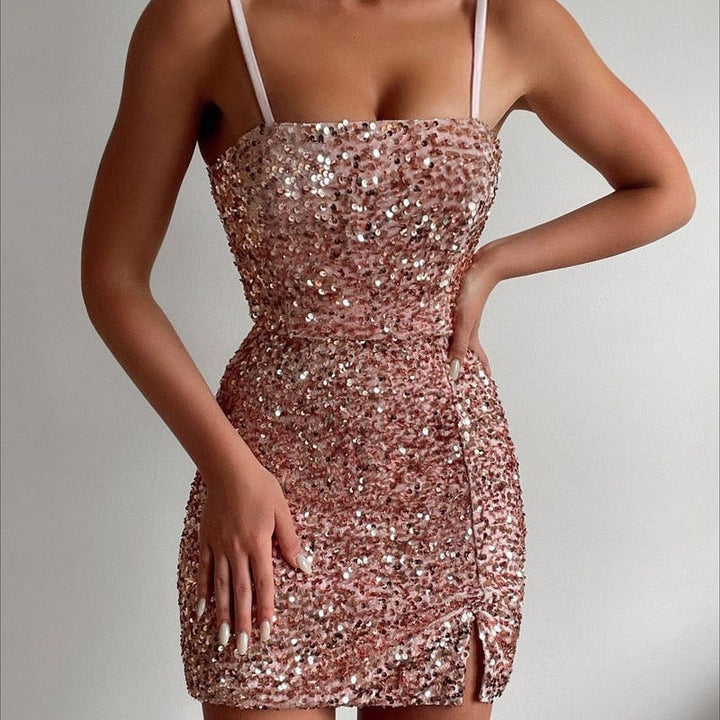 Women's Sparkling Mini Dress with Off-Shoulder Design and Side Slit Lune London
