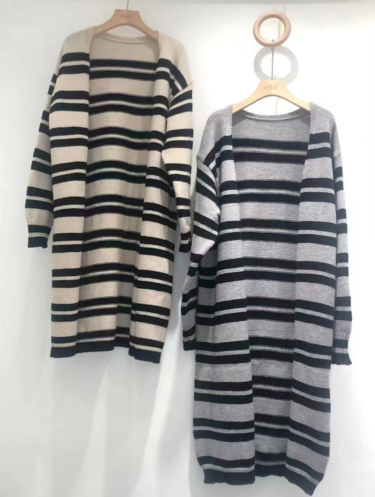 Ladies longer cardigan knitted with modern stripe details Lune London