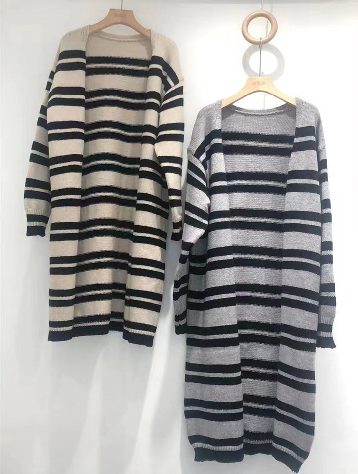 Ladies longer cardigan knitted with modern stripe details Lune London