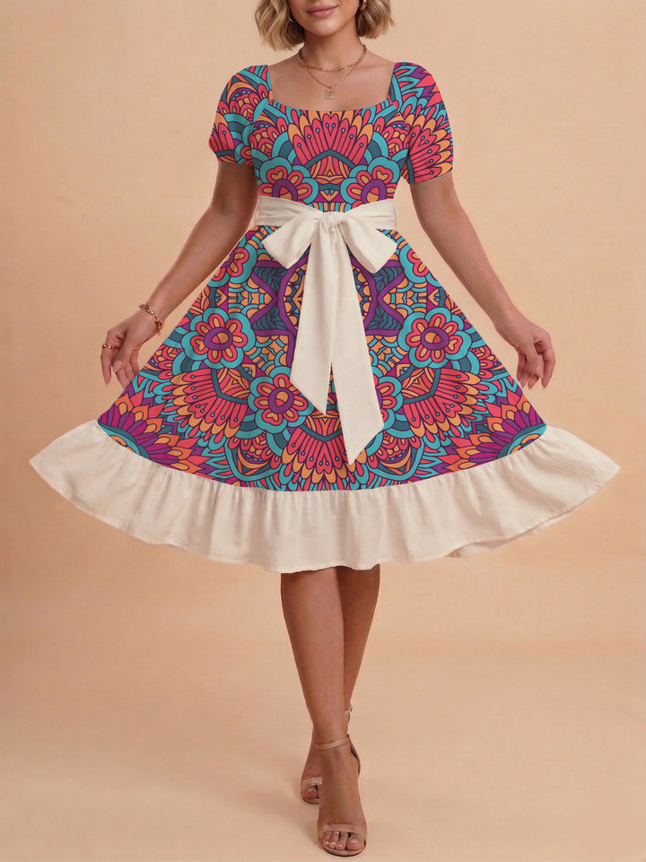 Women A-line dress with floral motifs and adjustable belt Lune London