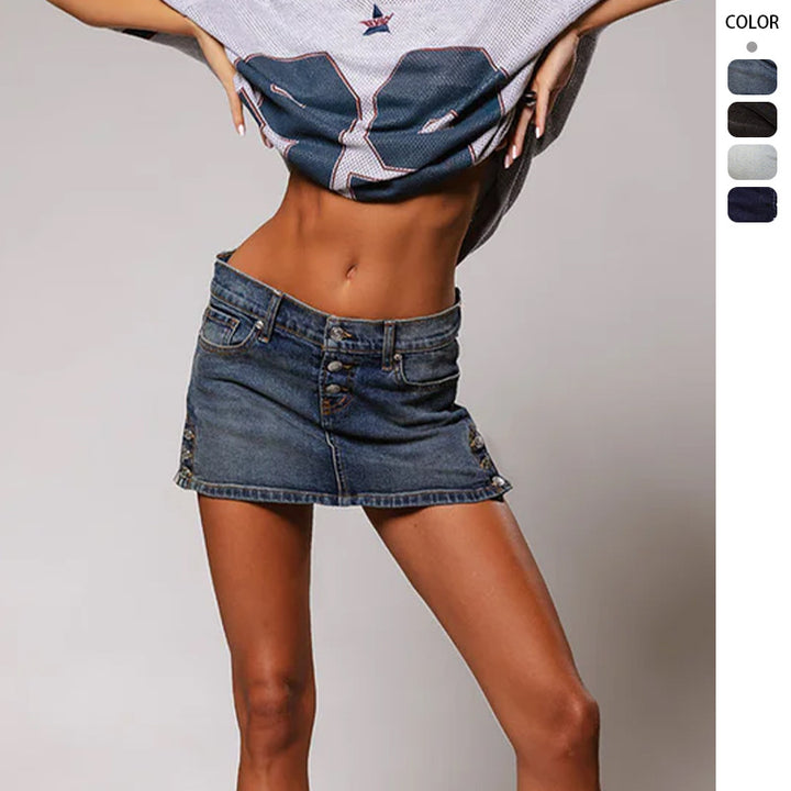 Ladies' jeans mini skirt in a trendy cut with decorative button details Lune London