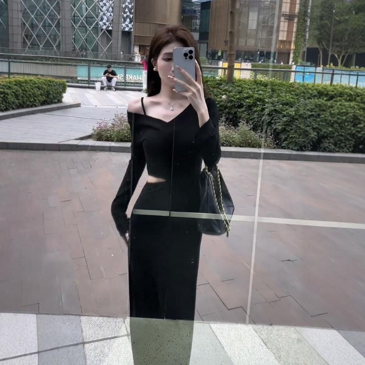 Women's elegant dress with asymmetric neckline and cut-out detail