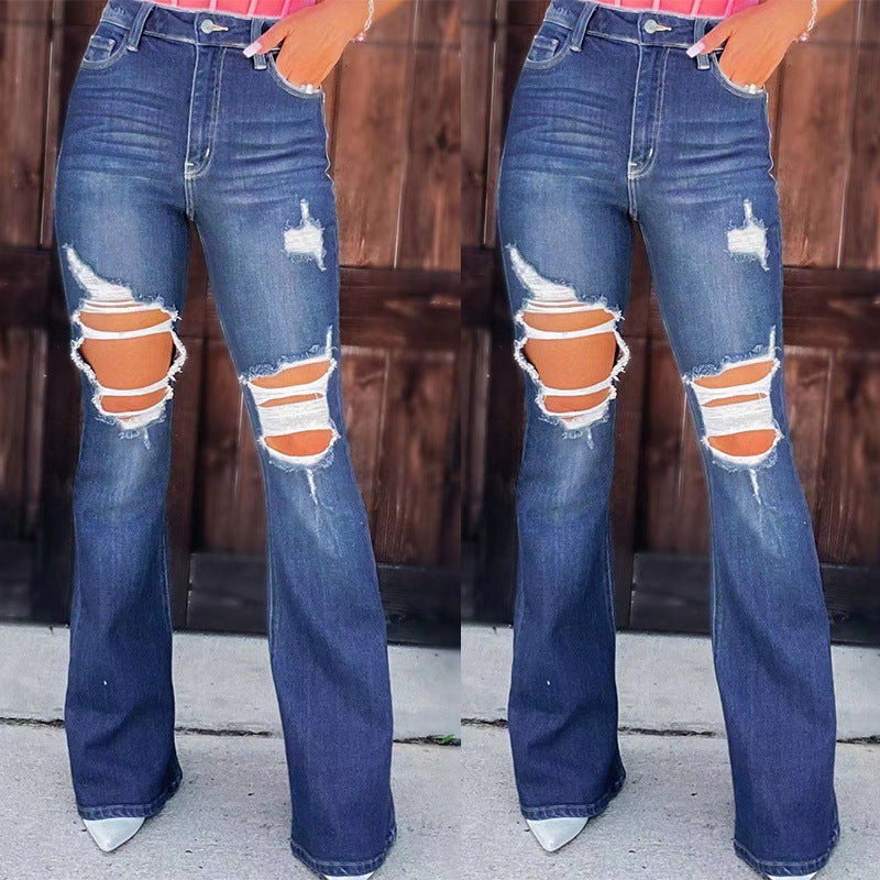 Ladies Flared Jeans with fashionable destroyed effects and high waist Lune London