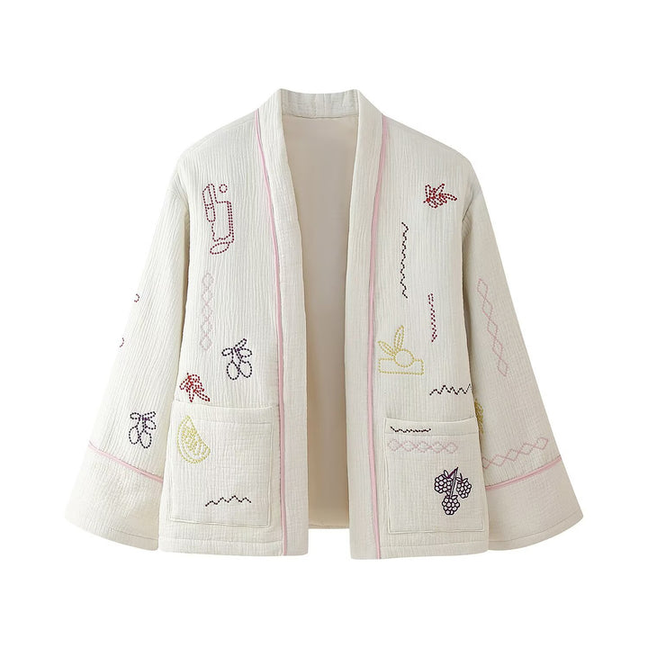 Women's kimono jacket with decorative embroidery design and practical pockets Lune London