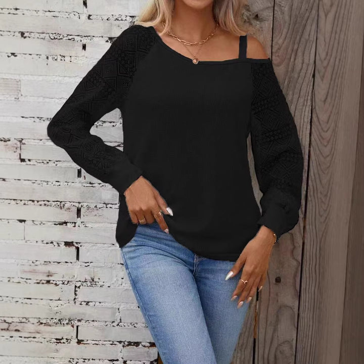 Women Elegant Knit Top with Asymmetric Neckline and Embellished Sleeves Lune London