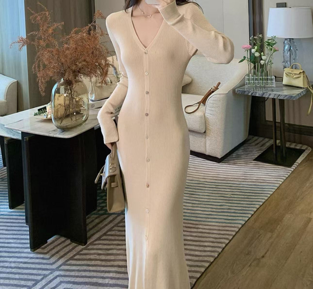 Ladies Elegant Maxi Dress with Button Details and Chic V Neckline and Style