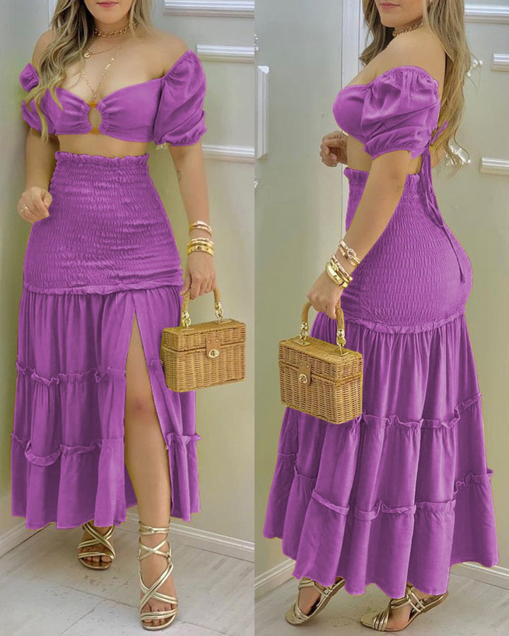 Ladies two-piece with gathered details and a high slit Lune London