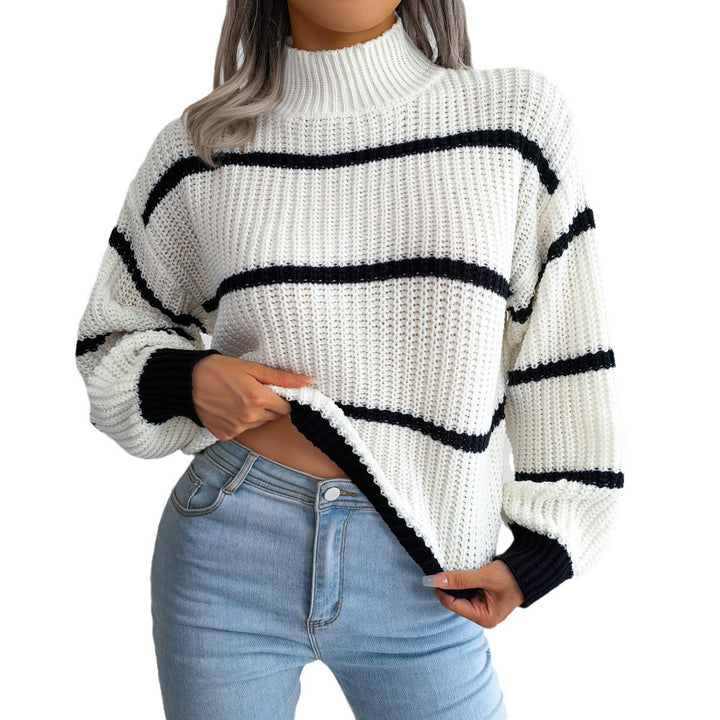 Comfortable knitted sweater for women with turtleneck and trendy striped pattern Lune London