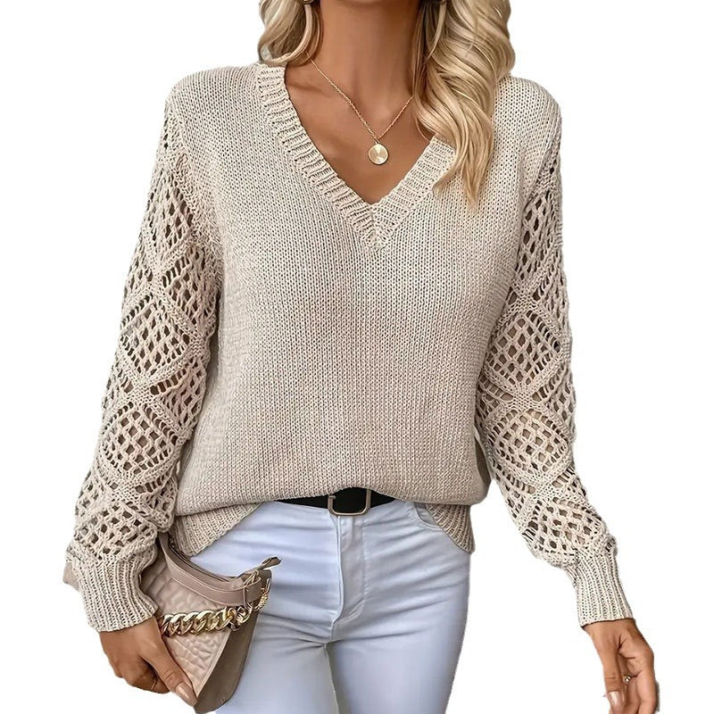 Pull en tricot pour femmes avec un motif de trous sophistiqué et un col en V Chic & Stil