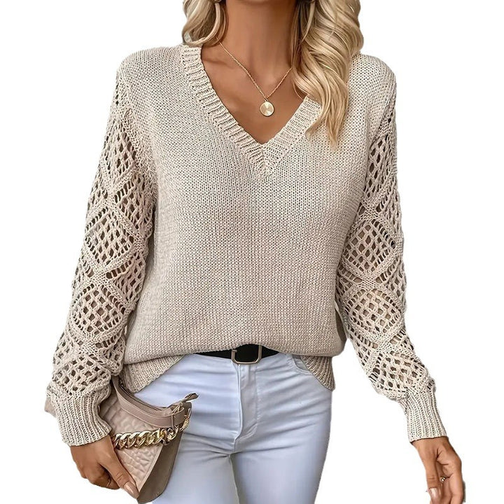 Pull en tricot pour femmes avec un motif de trous sophistiqué et un col en V Chic & Stil