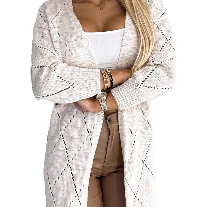 Ladies Long Knit Jacket with elegant openwork pattern and practical pockets Lune London