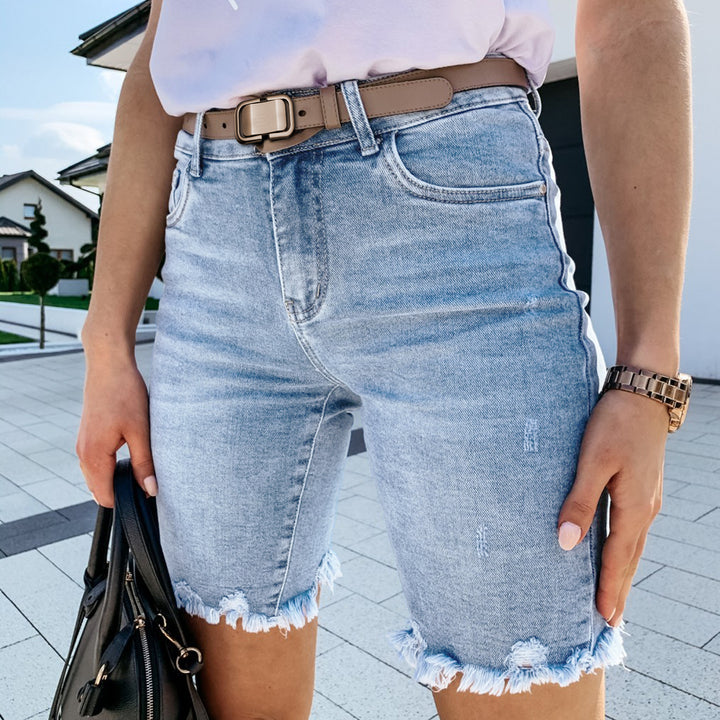 Destroyed denim shorts for women with frayed edges and side stripe Lune London