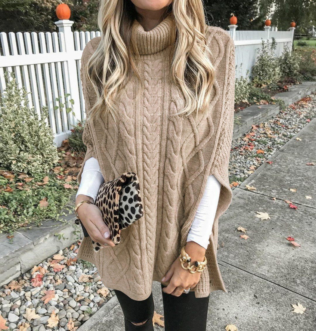 Women's Chunky Knit Poncho with High Collar and Cable Design Chic Und Stil