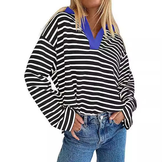 Casual striped summer sweater for women with V-neck and long sleeves Lune London