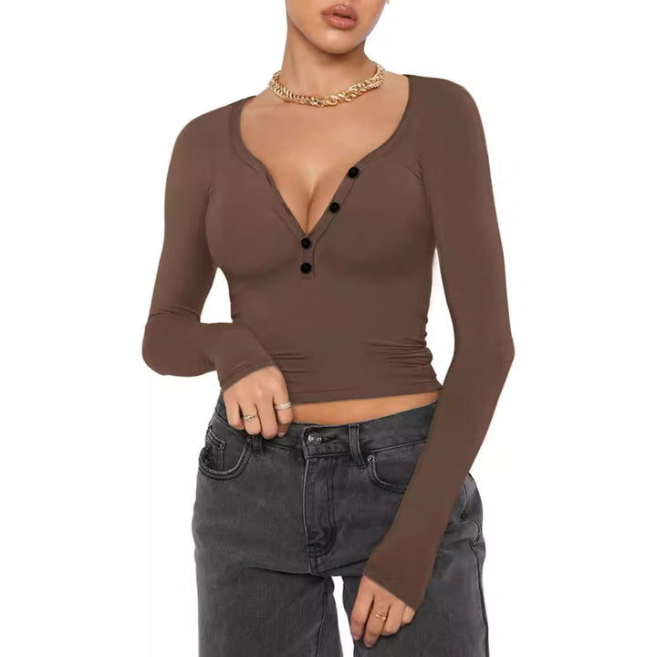 Long sleeve women's t-shirt with V-neckline and button details Lune London