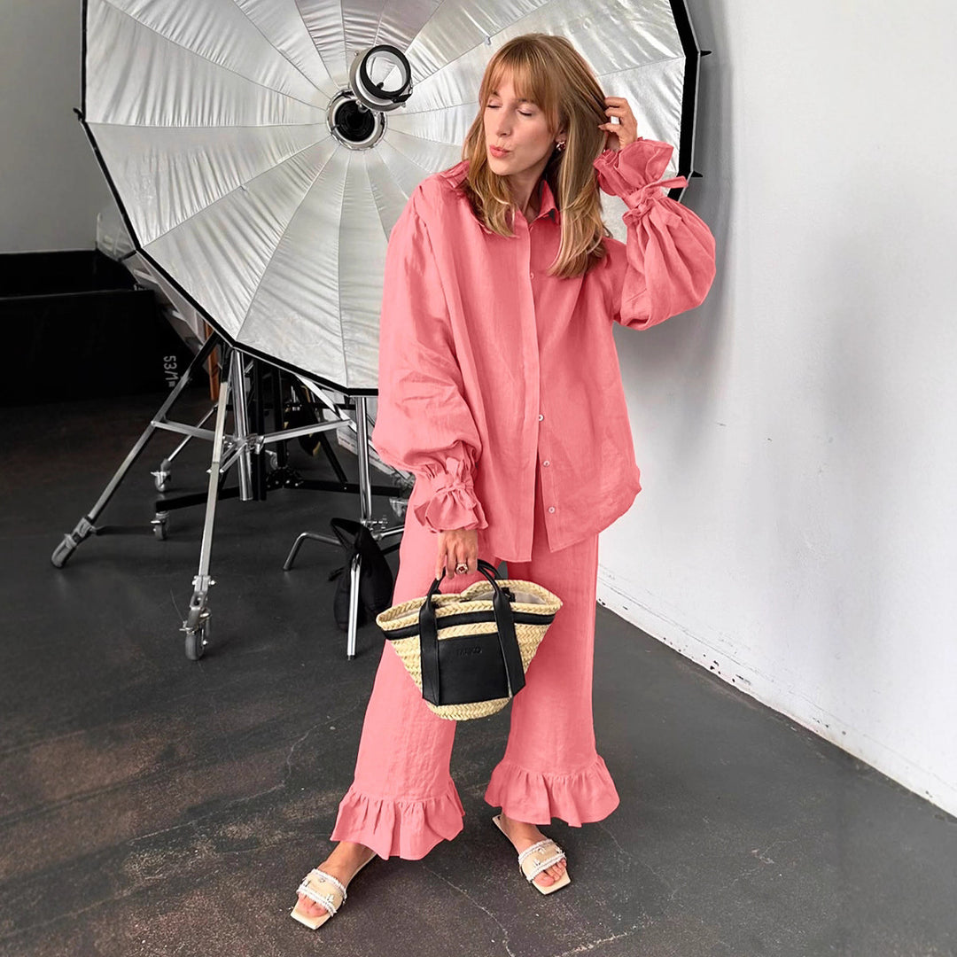 Casual linen set for women with ruffle details Lune London