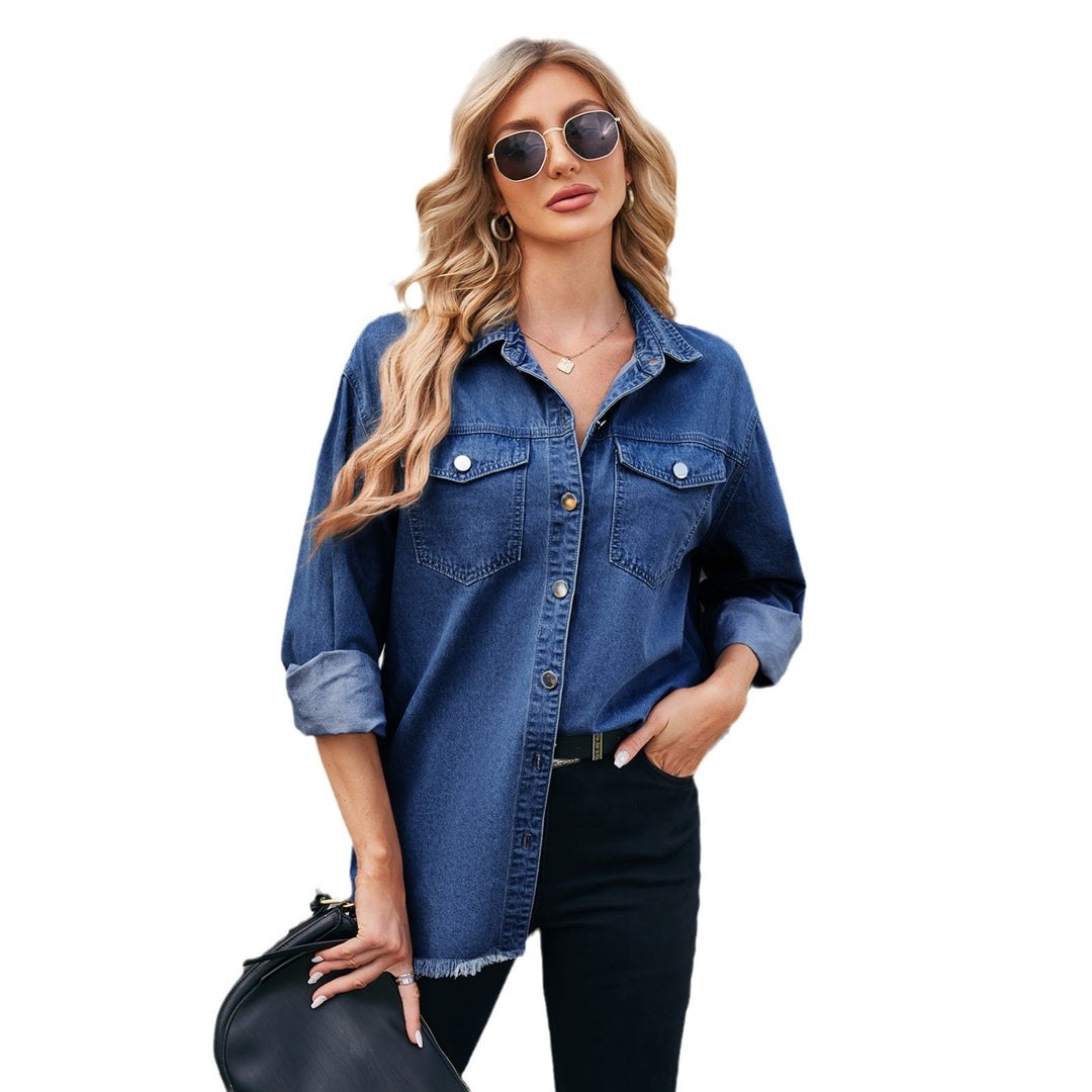 Oversized denim jacket for women with decorative snap buttons and frayed hem Lune London