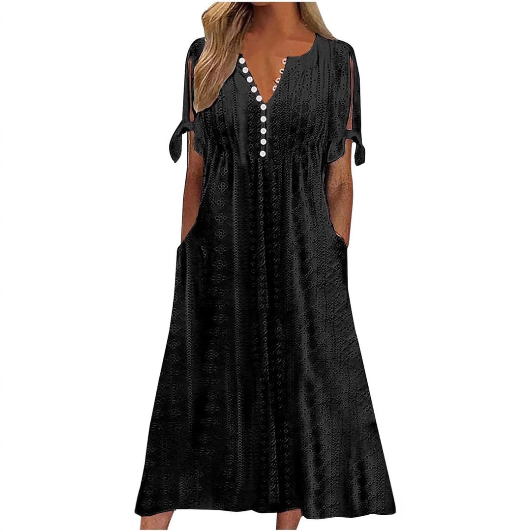 Airy midi dress for women with decorative hole patterns and practical pockets Lune London