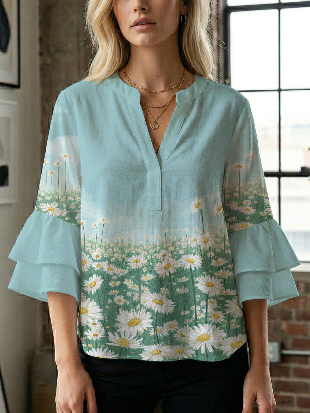 Women Elegant Top with Voluminous Puff Sleeves and Floral Print Lune London