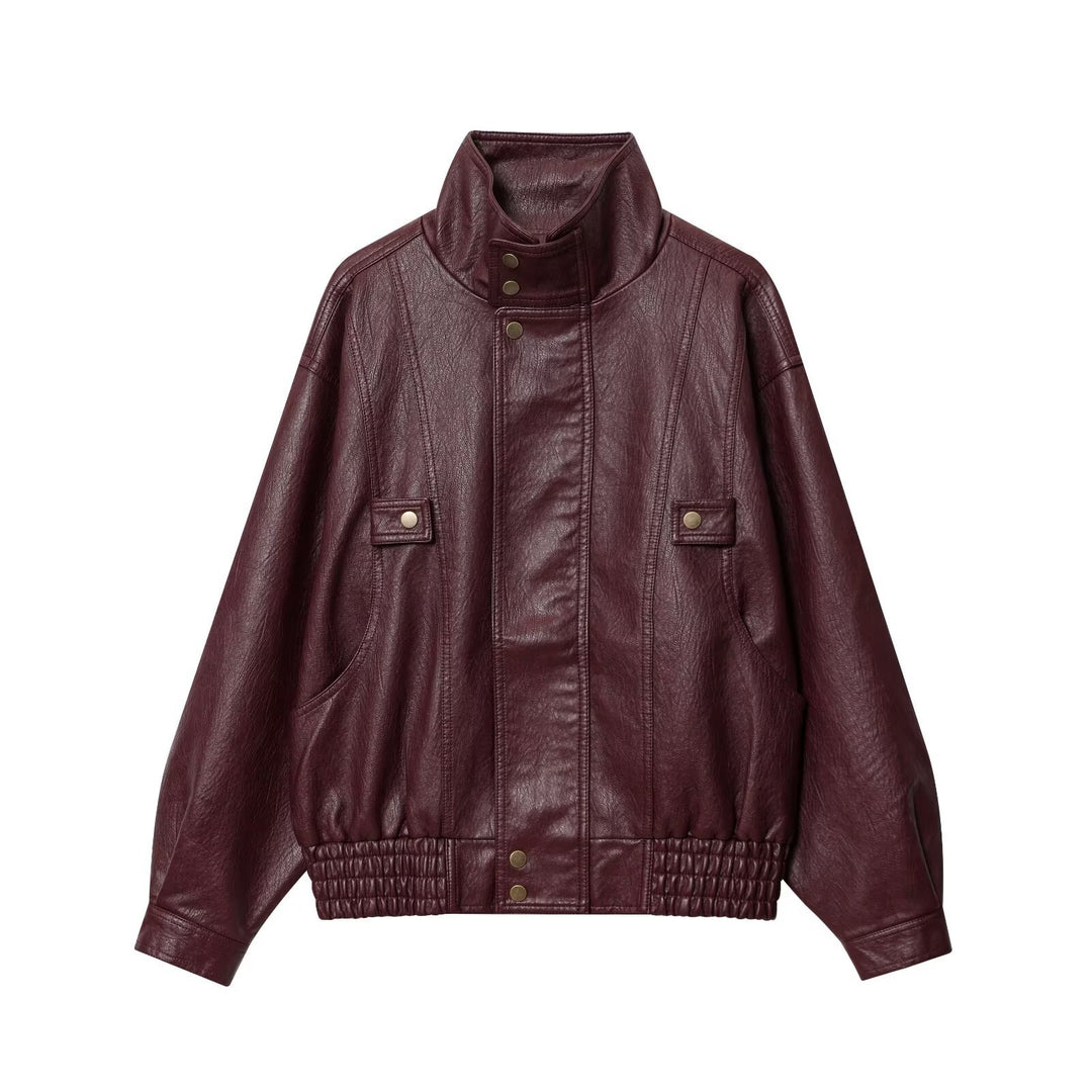 Women’s faux leather jacket with high collar and practical button details Lune London