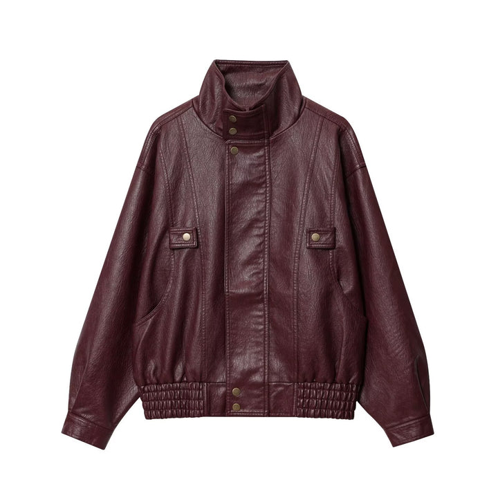 Women’s faux leather jacket with high collar and practical button details Lune London