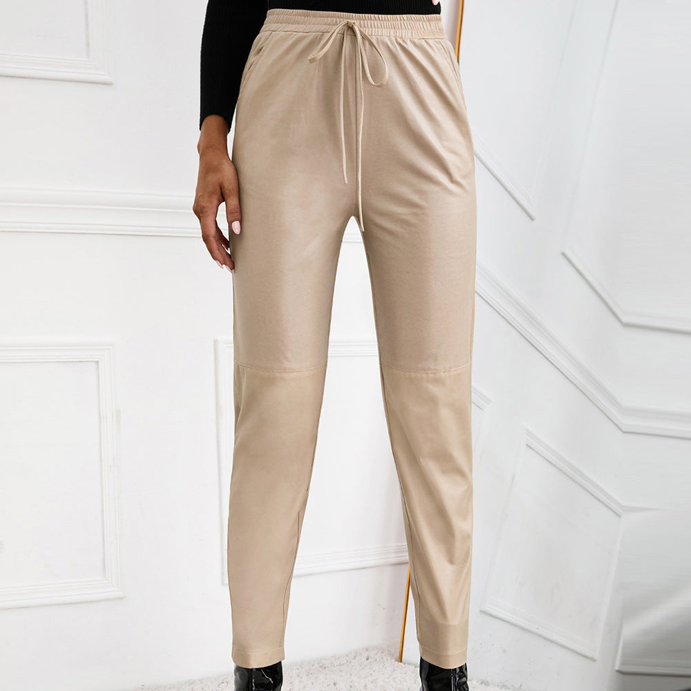 Fashionable synthetic leather pants for women with elastic waistband and side pockets Chic and Style