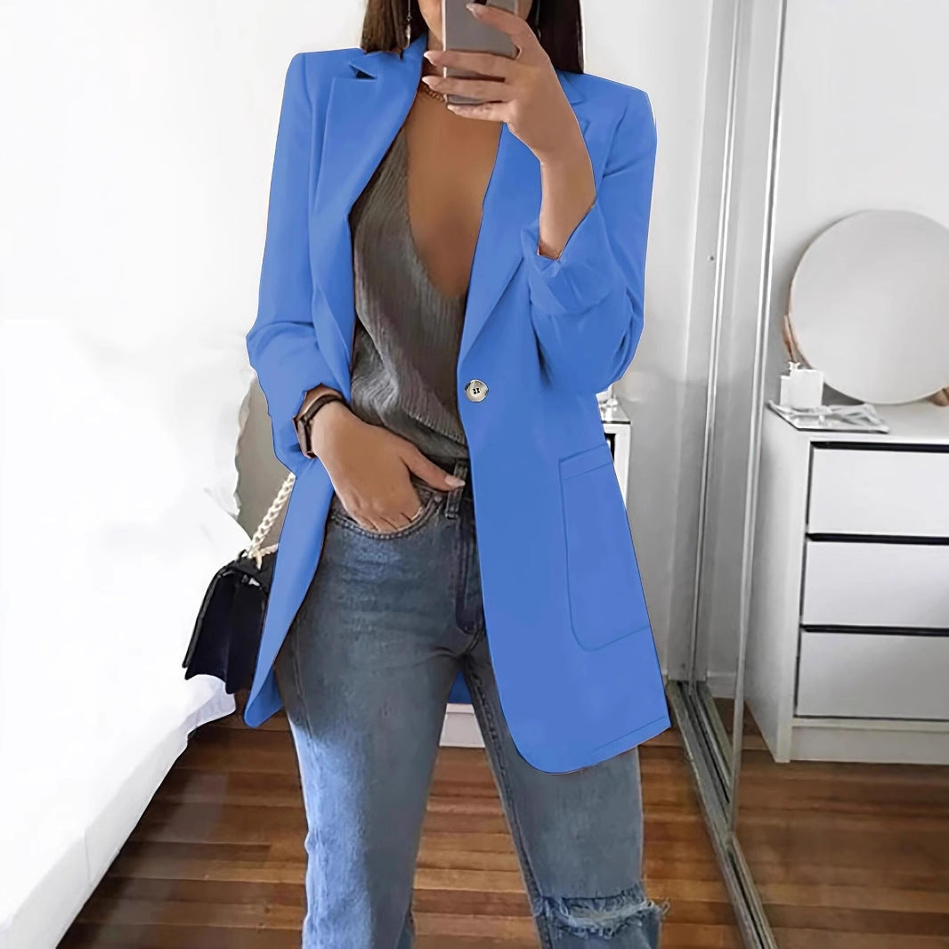 Elegant women's blazer jacket with shiny button details and spacious pockets Lune London