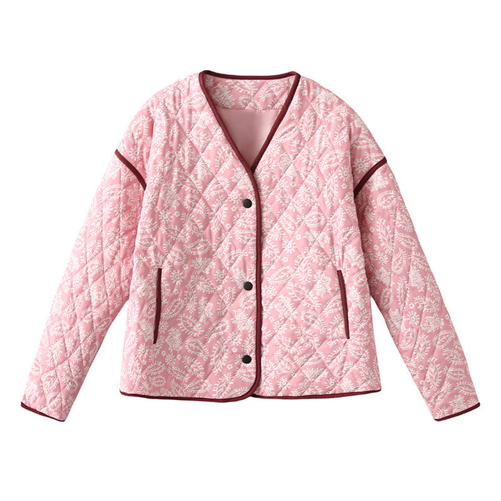Quilted fall jacket for women with a unique floral pattern and practical pockets Lune London