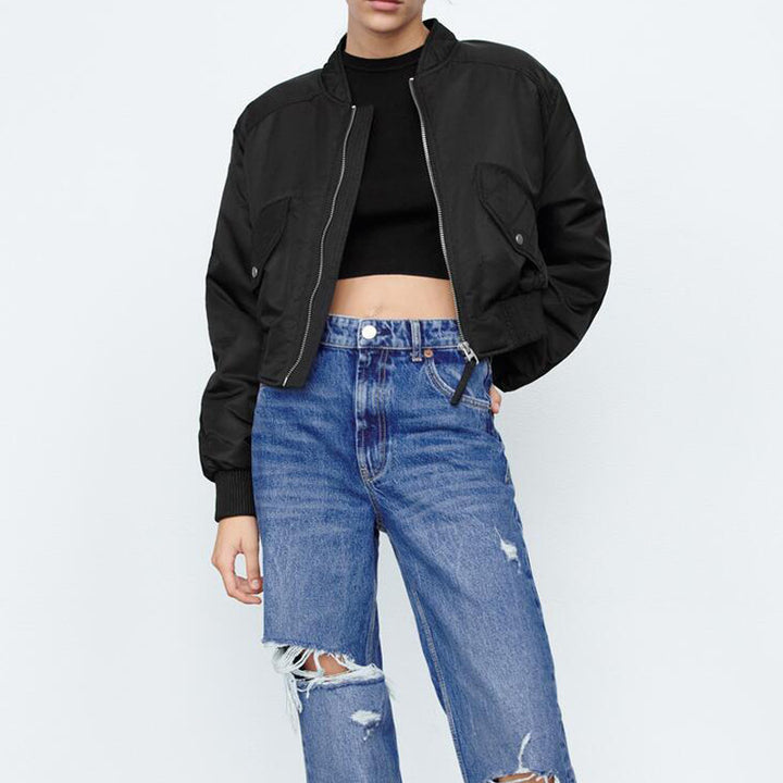 Trendy cropped bomber jacket for women with practical pockets and elastic cuffs Lune London