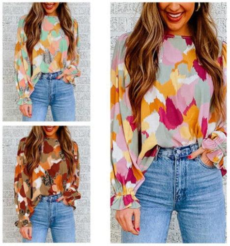 Women's blouse with artistic print and gathered cuffs Lune London